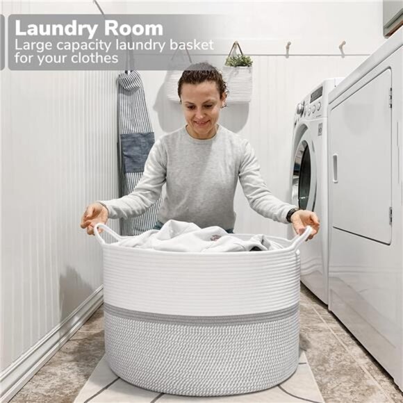 Extra Large Cotton Rope Woven Basket Decorative Clothes Hamper,22" x 22" x 14" - Picture 5 of 8